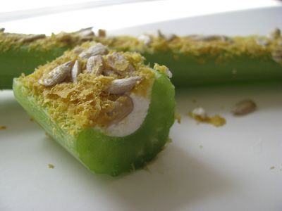 Celery stuffed nutritional yeast sprinkled